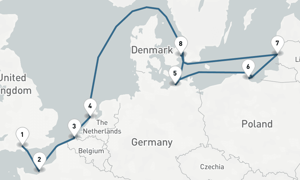 9 days, one-way from Southampton to Copenhagen 10日間