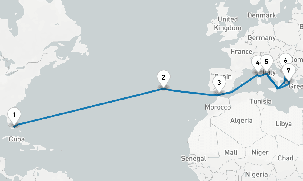 19 days, one-way from Fort Lauderdale to Civitavecchia-Rome 20日間