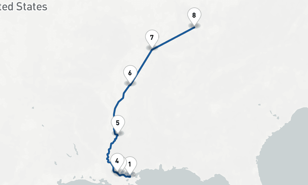 9 days, one-way from New Orleans to Louisville KY 10日間