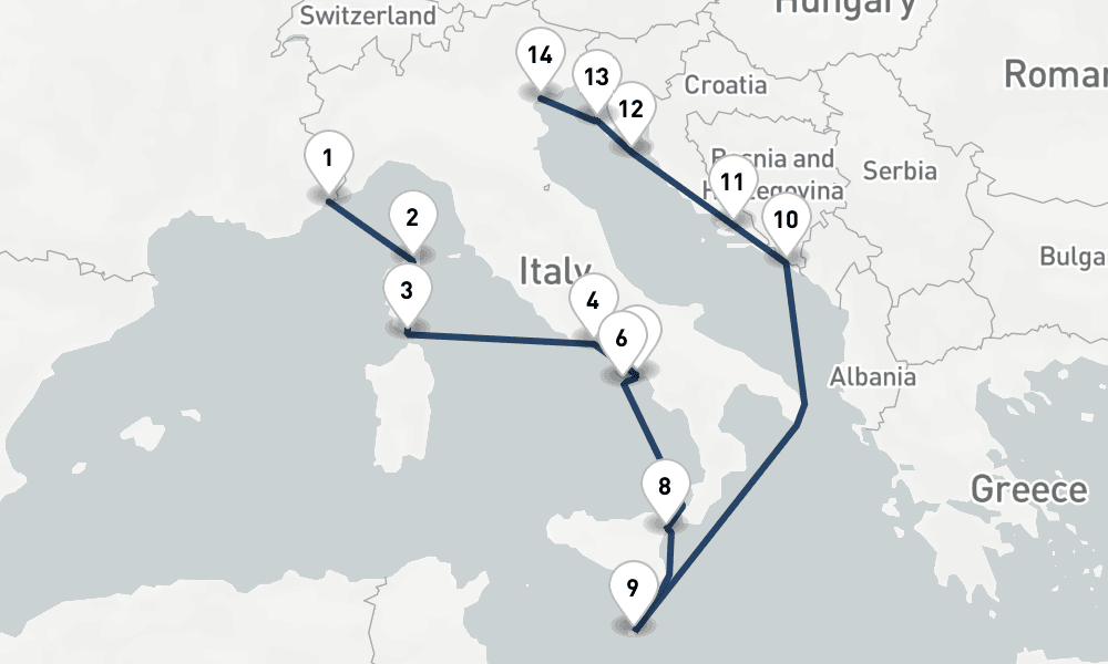 14 days, one-way from Villefranche-sur-Mer to Venice 15日間