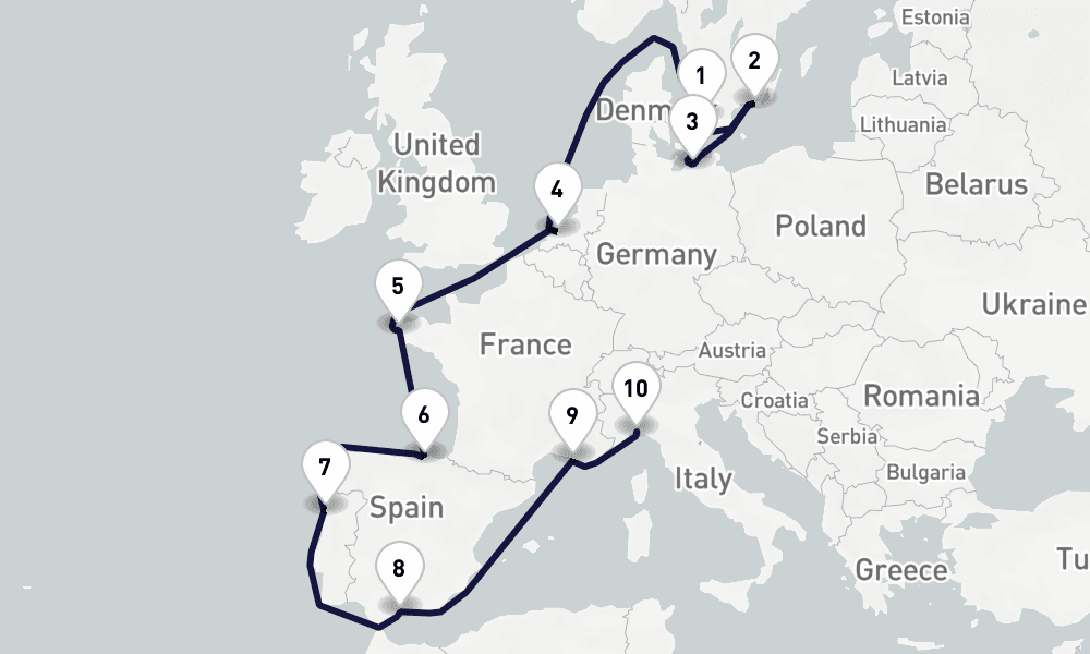 14 days, one-way from Copenhagen to Genoa 15日間