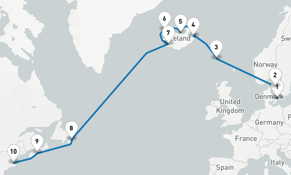16 days, one-way from Copenhagen to Boston 17日間