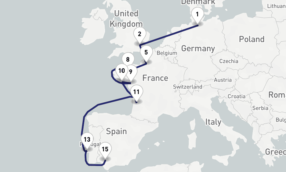 19 days, one-way from Hamburg to Seville 20日間