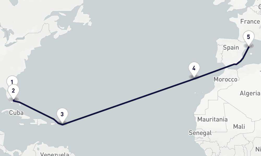 14 days, one-way from Port Canaveral to Barcelona 15日間