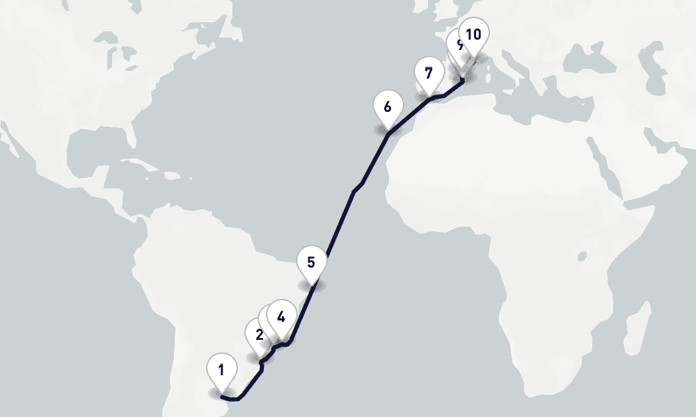 20 days, one-way from Buenos Aires to Marseille 21日間