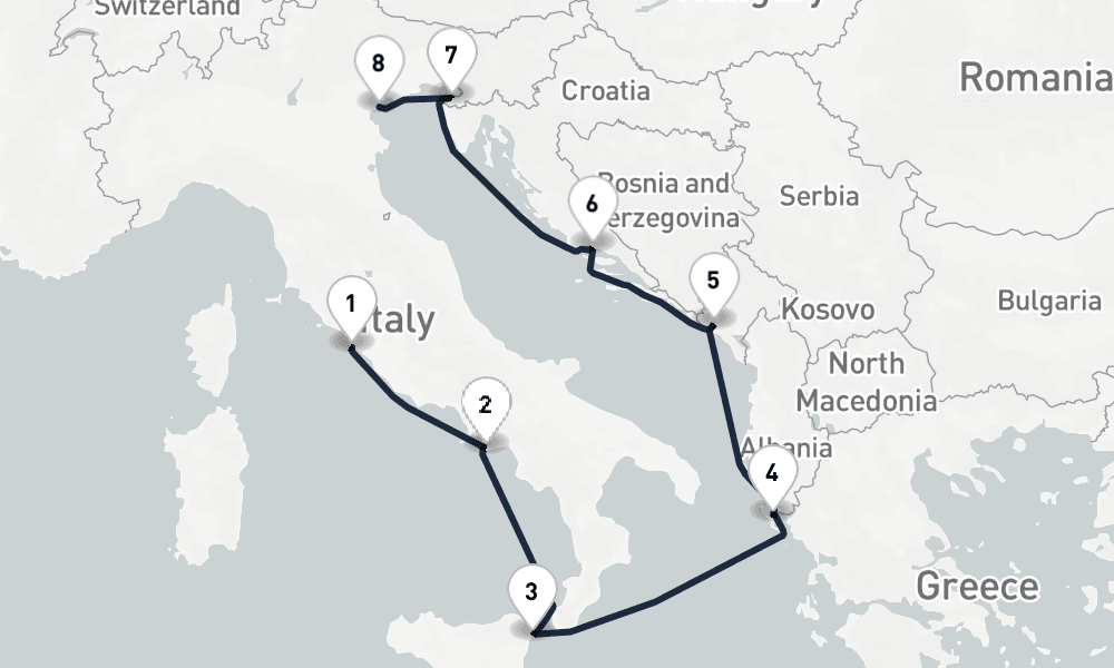 7 days, one-way from Civitavecchia-Rome to Venice 8日間