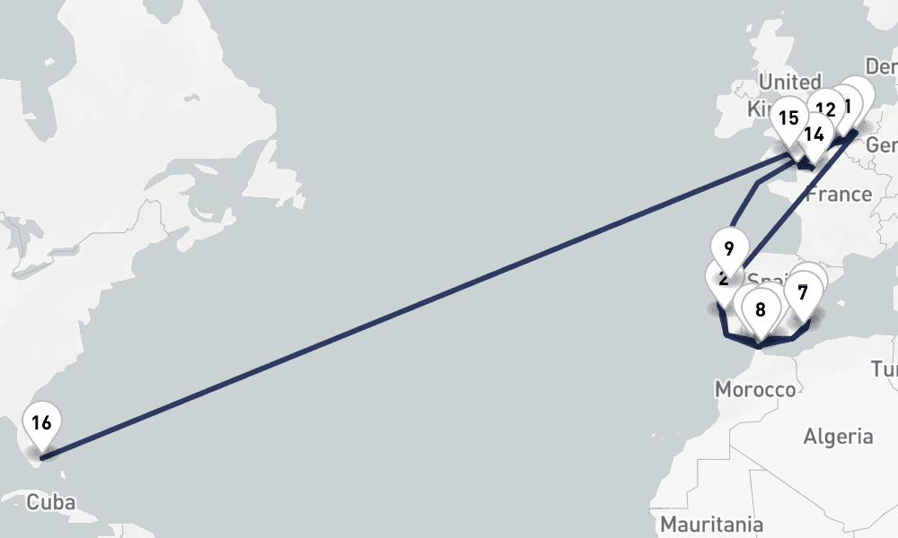 29 days, one-way from Rotterdam to Fort Lauderdale 30日間