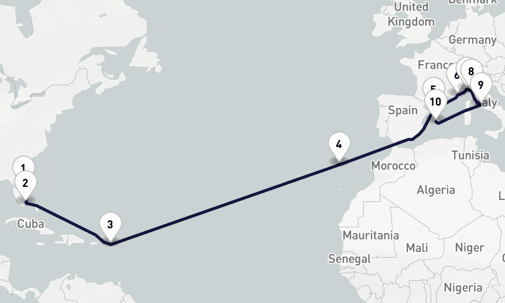 20 days, one-way from Port Canaveral to Palma de Mallorca 21日間