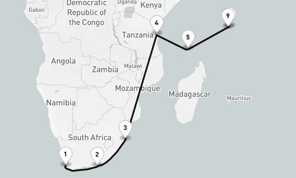 20 days, one-way from Cape Town to Mahe Island Seychelles 21日間