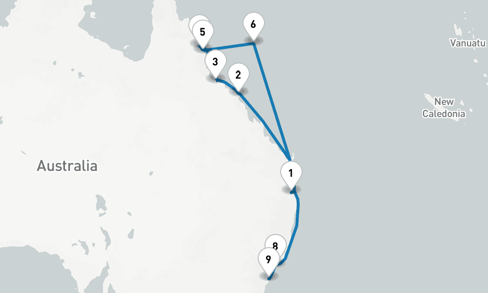 12 days, one-way from Brisbane to Sydney 13日間