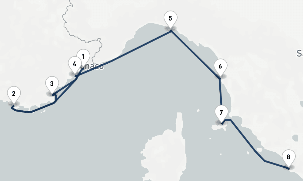 7 days, one-way from Villefranche-sur-Mer to Civitavecchia-Rome 8日間