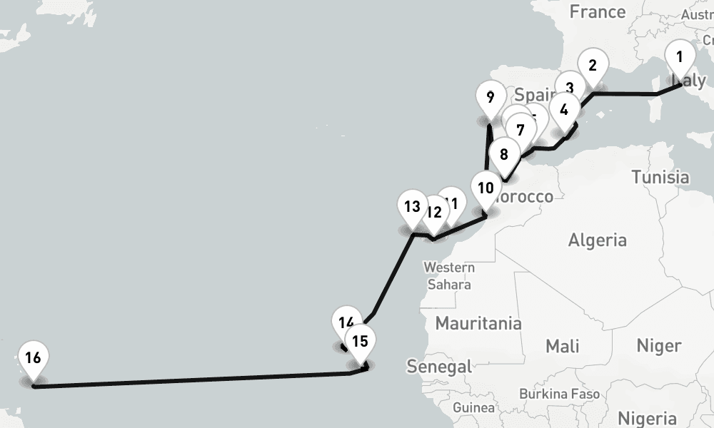 25 days, one-way from Civitavecchia-Rome to Bridgetown 26日間