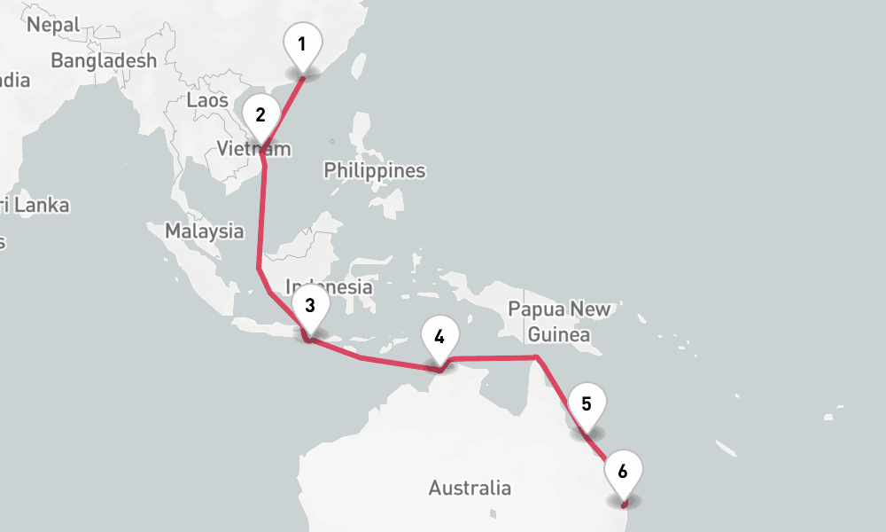 16 days, one-way from Hong Kong to Brisbane 17日間