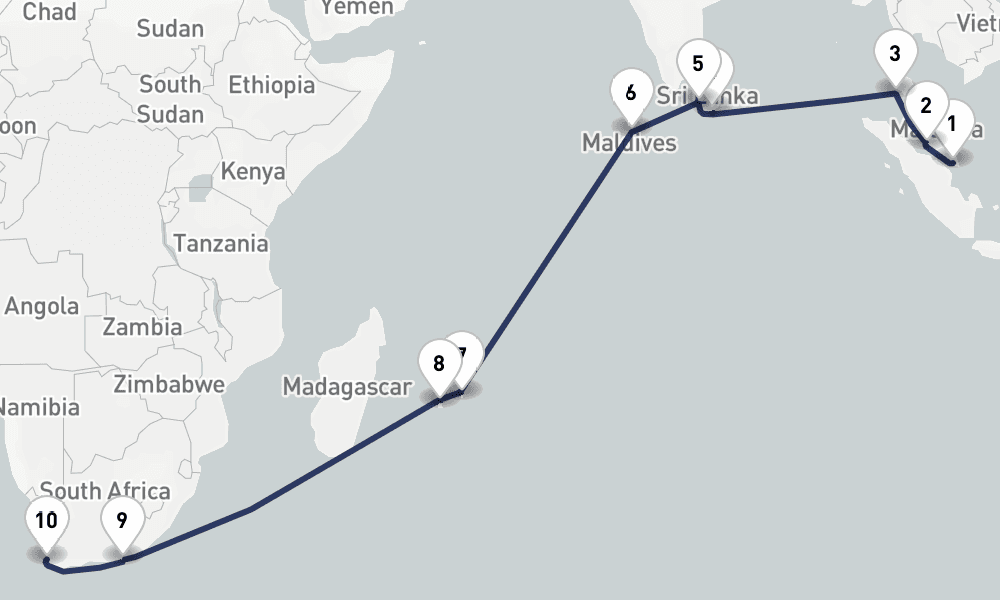 22 days, one-way from Singapore to Cape Town 23日間
