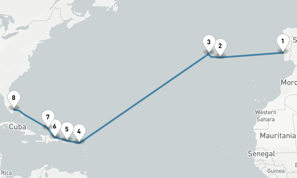 14 days, one-way from Lisbon to Fort Lauderdale 15日間