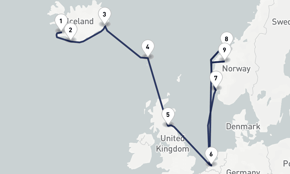 14 days, one-way from Reykjavik to Rotterdam 15日間
