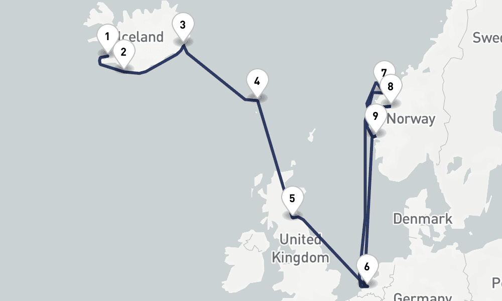 14 days, one-way from Reykjavik to Rotterdam 15日間