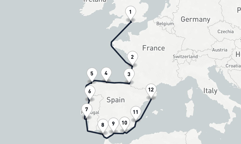 12 days, one-way from Southampton to Barcelona 13日間