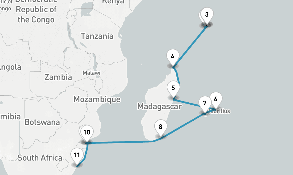 20 days, one-way from Mahe Island Seychelles to Durban 21日間