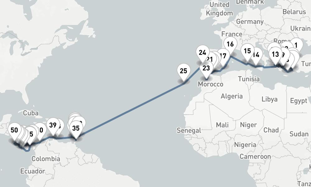 70 days, one-way from Istanbul to Puntarenas 71日間