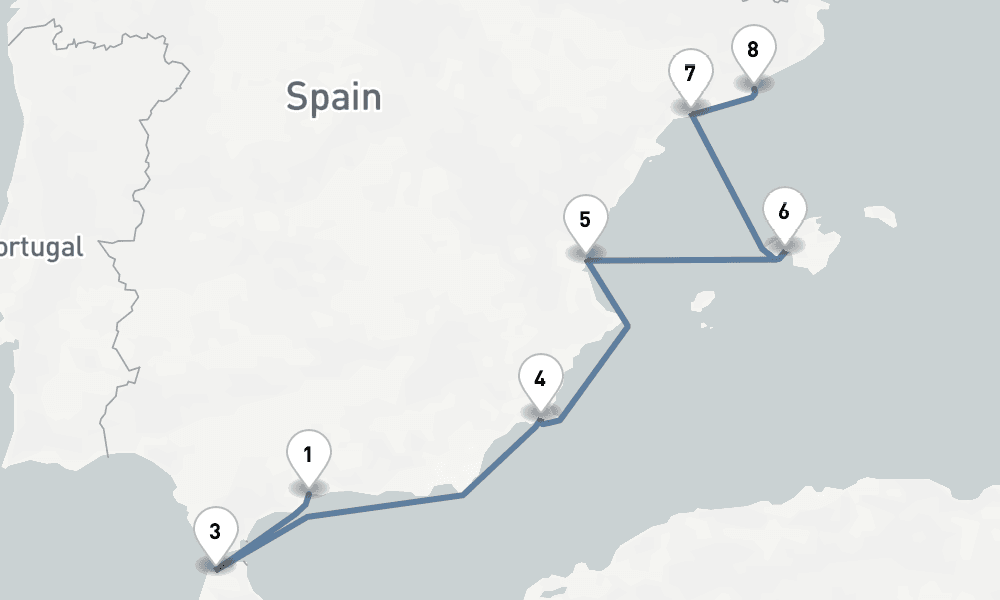 8 days, one-way from Malaga to Barcelona 9日間