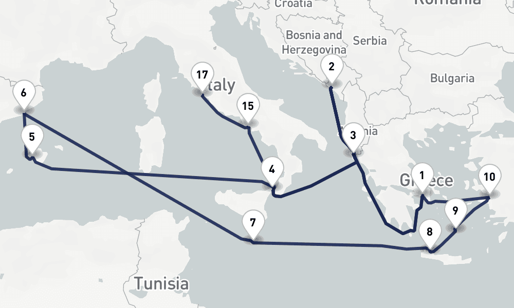 21 days, one-way from Piraeus-Athens to Civitavecchia-Rome 22日間