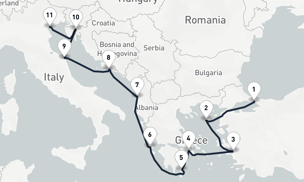 10 days, one-way from Istanbul to Venice 11日間