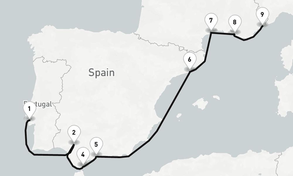 10 nights / 11 days, one-way from Lisbon to Villefranche-sur-Mer (Nice, France Riviera)