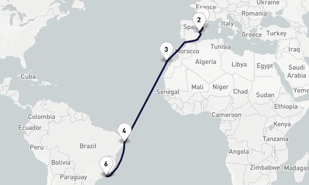 15 days, one-way from Tarragona to Rio de Janeiro 16日間