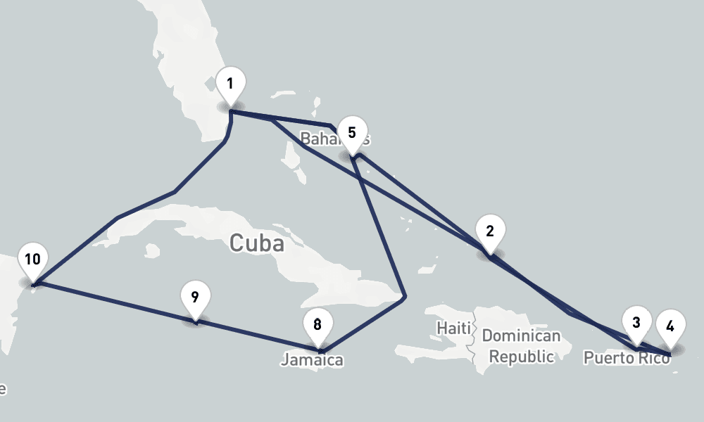 14 days, round-trip Eastern Western Caribbean San Juan Mexico 15日間