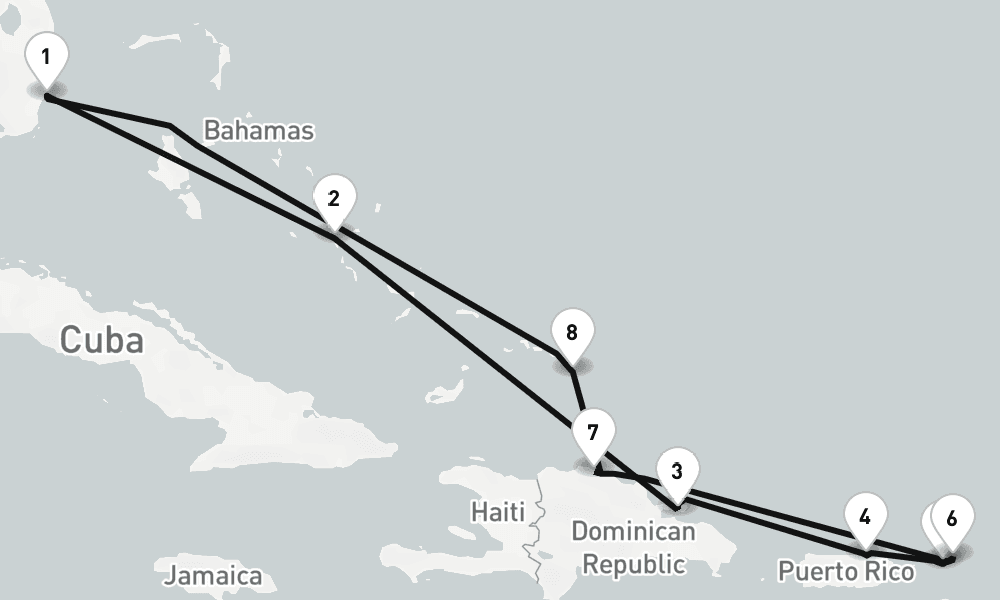 12 days, round-trip Miami, Fl To Miami, Fl 13日間
