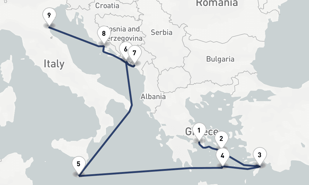 11 days, one-way from Piraeus-Athens to Ravenna 12日間