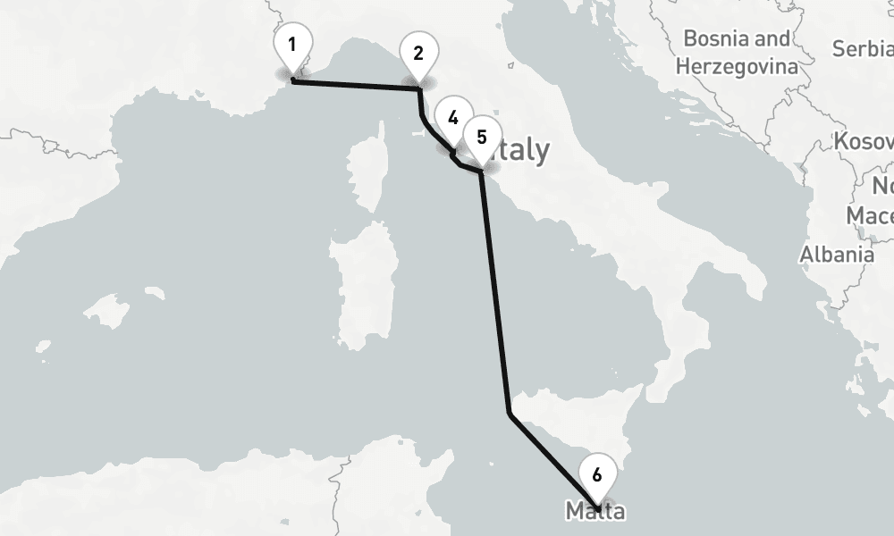 6 days, one-way from Villefranche-sur-Mer to Valletta 7日間