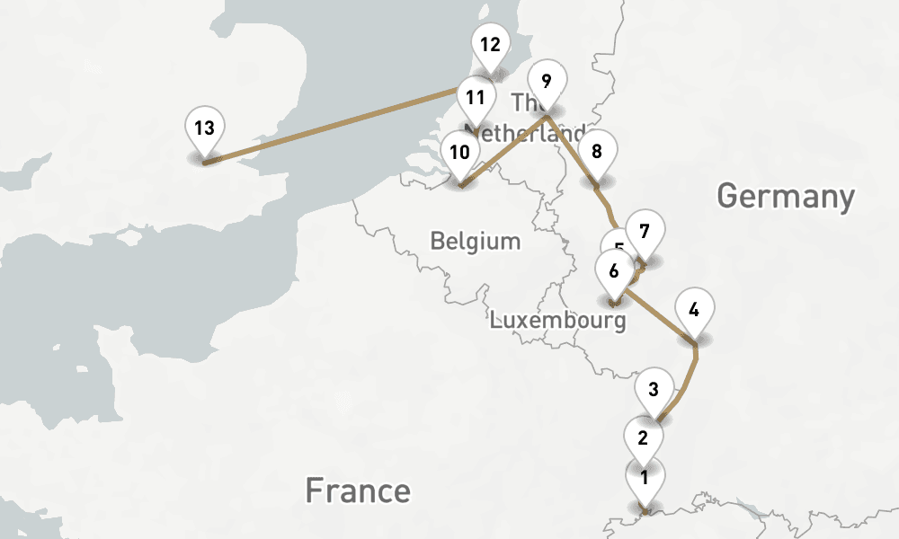 17 days, one-way from Basel to London-Greenwich 18日間