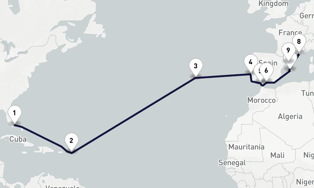 17 days, one-way from Miami to Barcelona 18日間
