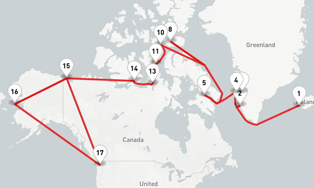 23 nights / 24 days, one-way from Reykjavik to Seattle (Washington)