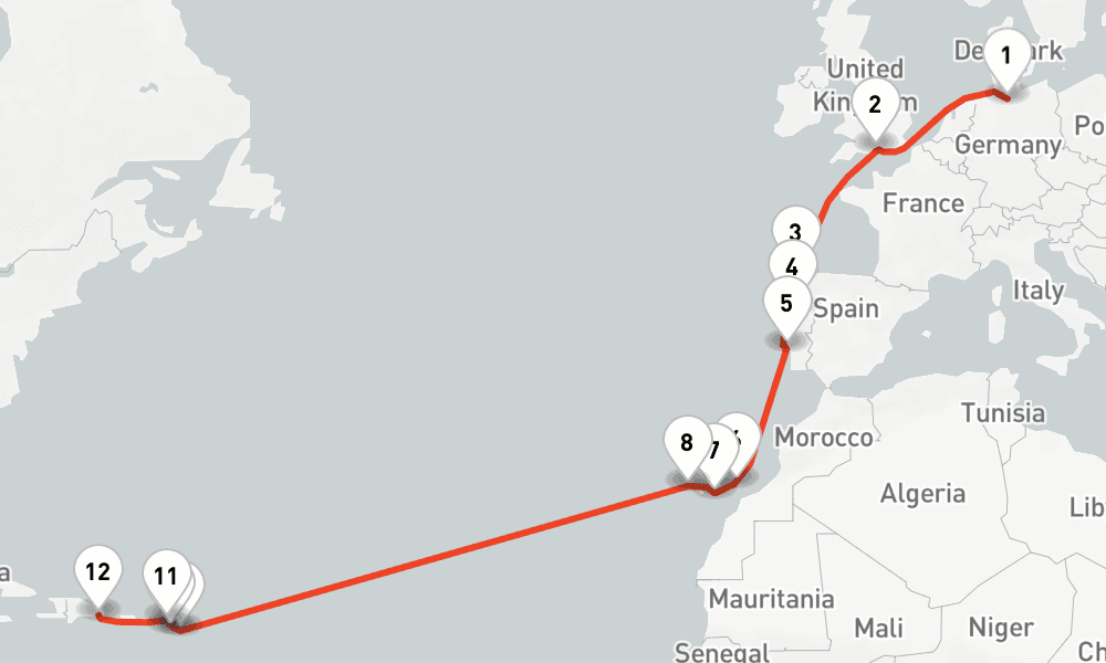 21 nights / 22 days, one-way from Hamburg to La Romana (Dominican Republic)