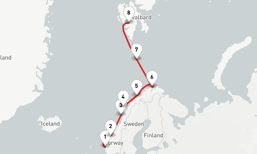 7 nights / 8 days, one-way from Bergen to Longyearbyen (Spitsbergen, Arctic Norway)