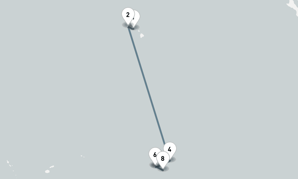 14 nights / 15 days, one-way from Honolulu (Oahu Island, Hawaii) to Papeete (Tahiti Island, French Polynesia)