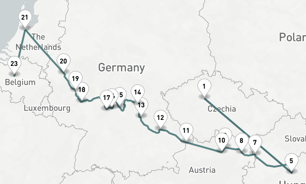 20 nights / 21 days, one-way from Prague (Czech Republic) to Brussels