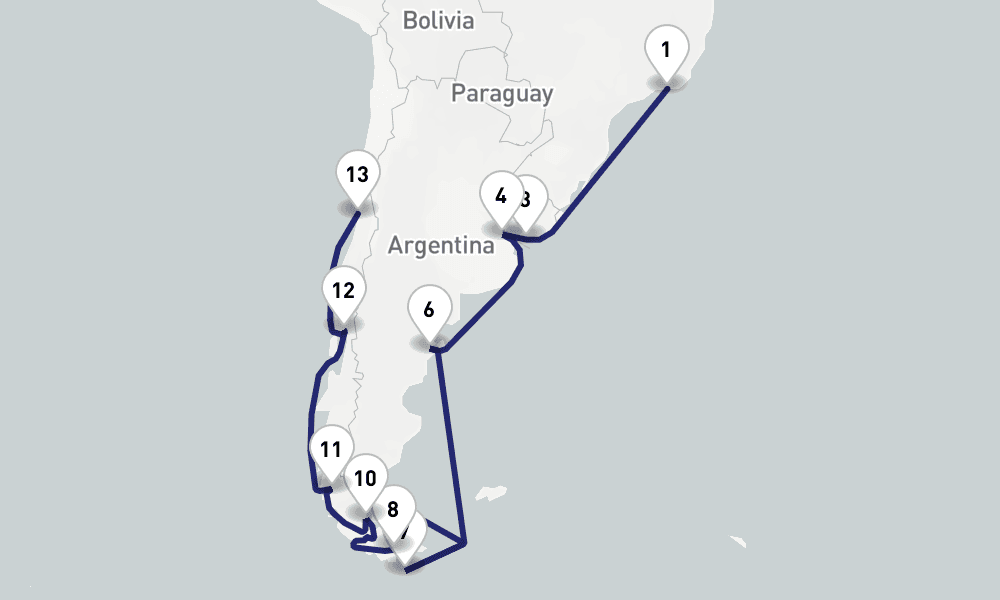 23 nights / 24 days, one-way from Rio de Janeiro to Valparaiso (Santiago, Chile)