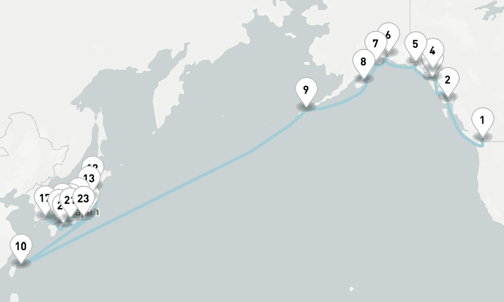 36 nights / 37 days, one-way from Vancouver (BC Canada) to Tokyo
