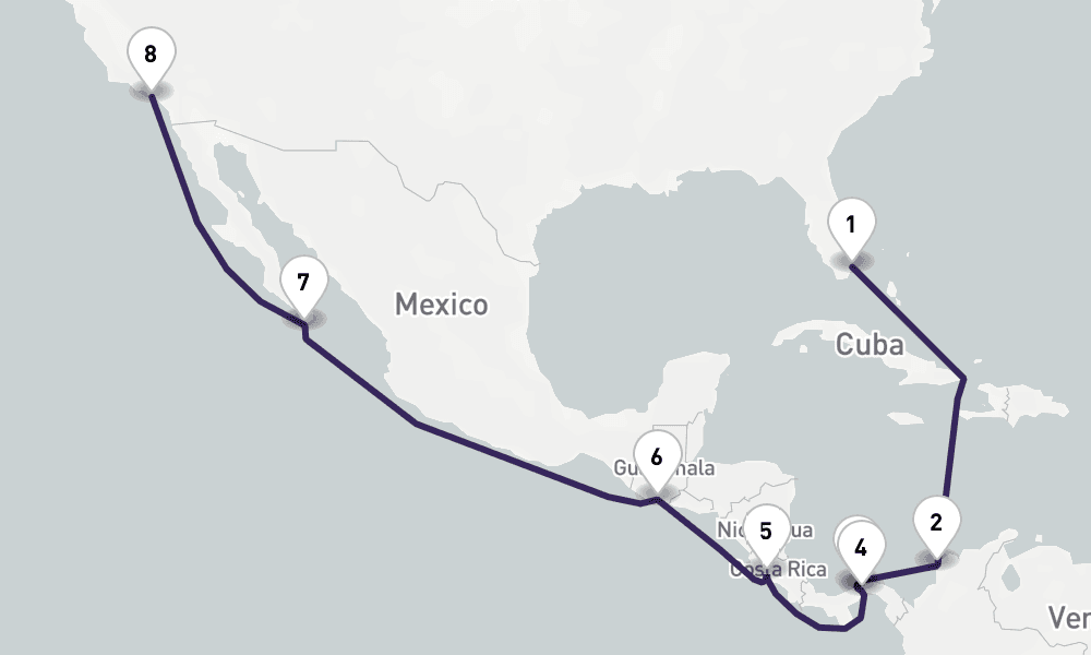 16 nights / 17 days, one-way from Miami (Florida) to Los Angeles (San Pedro / Long Beach)