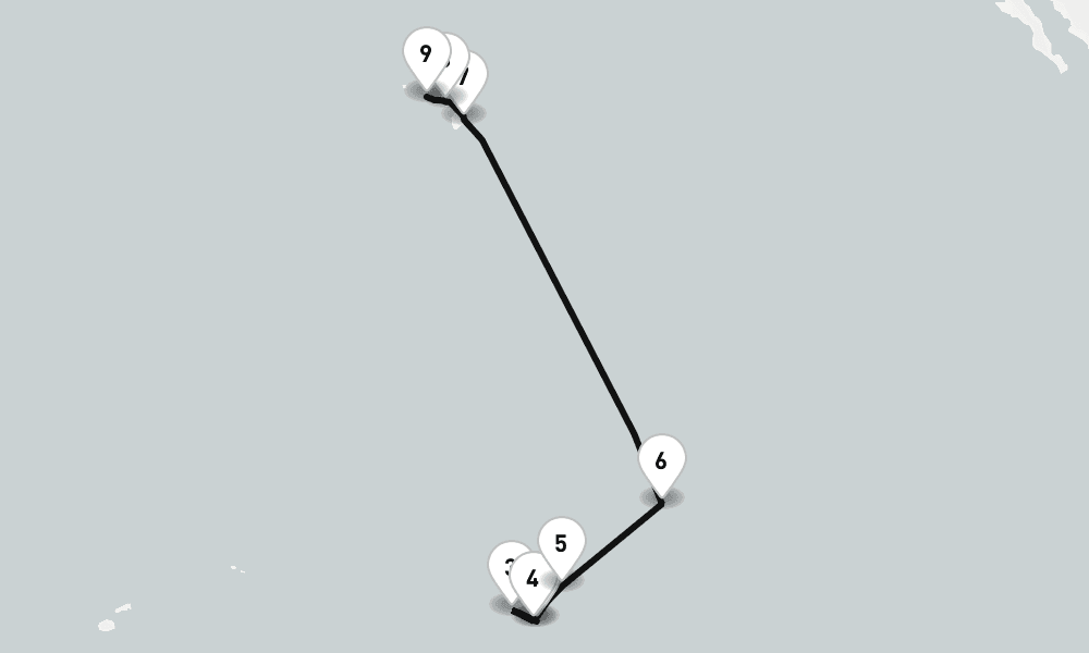 14 nights / 15 days, one-way from Papeete (Tahiti Island, French Polynesia) to Honolulu (Oahu Island, Hawaii)