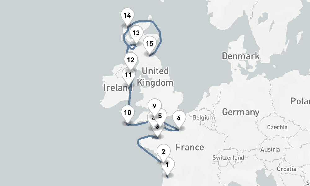 17 nights / 18 days, one-way from Bordeaux to Edinburgh (Leith, Scotland)