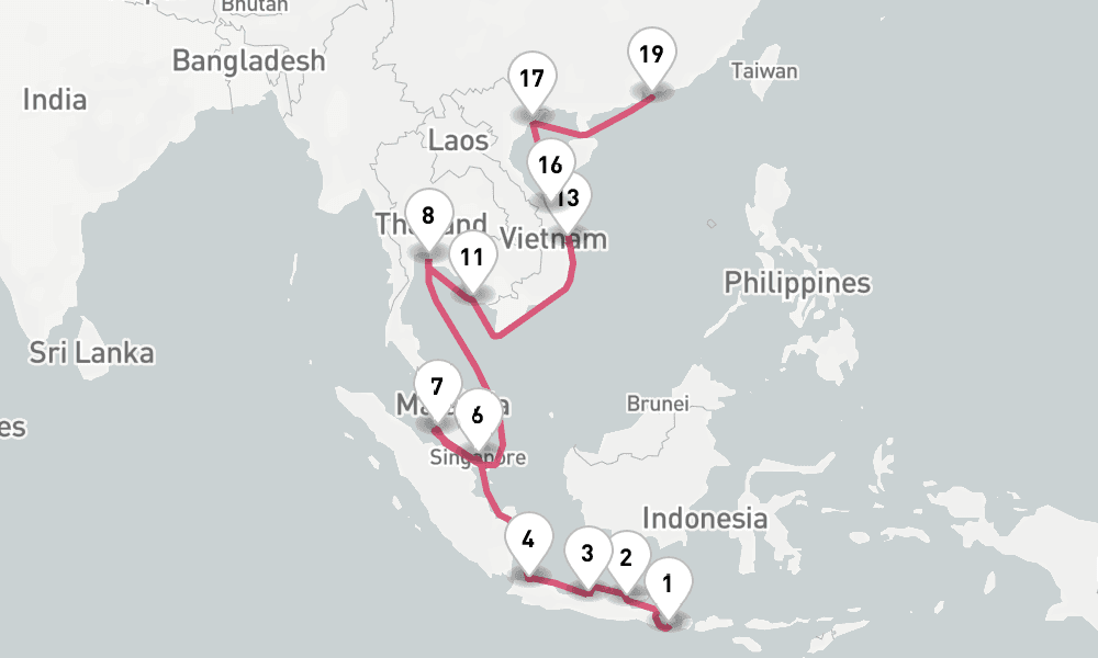 26 nights / 27 days, one-way from Benoa (Bali, Indonesia) to Hong Kong