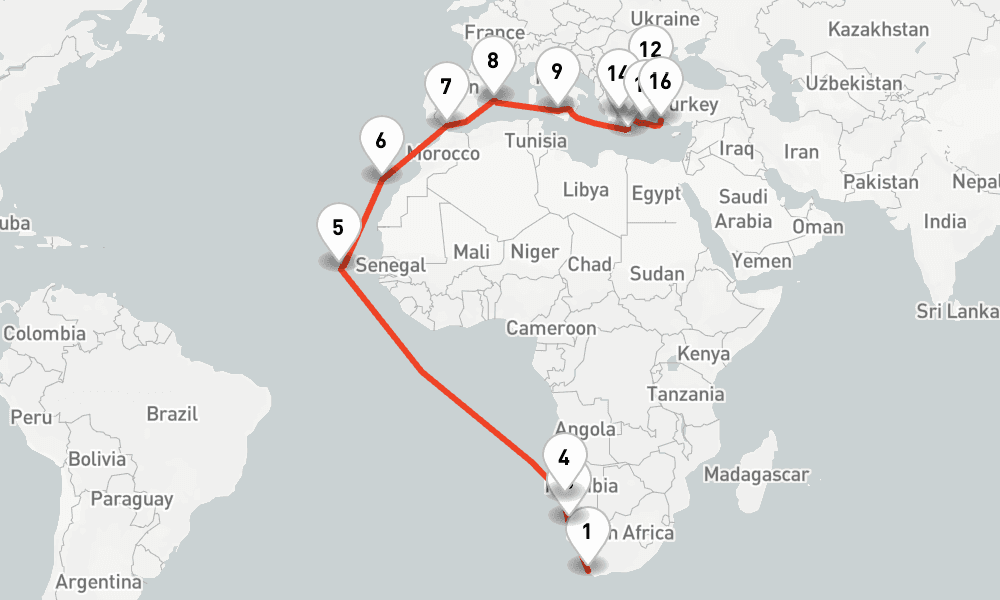 31 nights / 32 days, one-way from Cape Town to Antalya