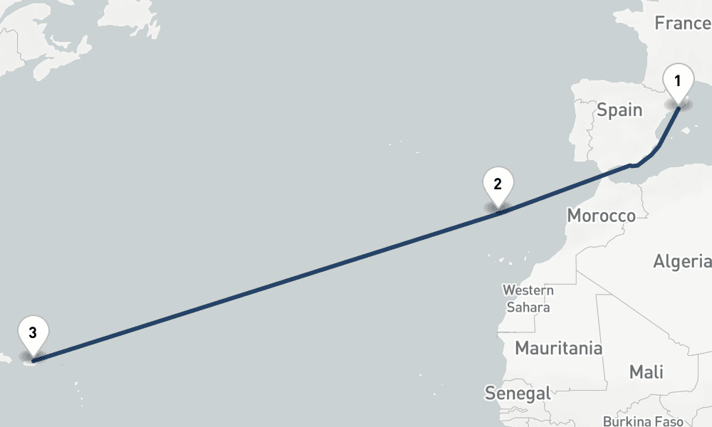 14 days, one-way from Barcelona to San Juan 15日間