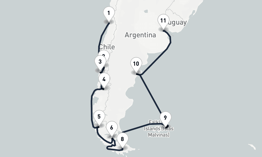 21 days, one-way from Valparaiso-Santiago to Buenos Aires 22日間