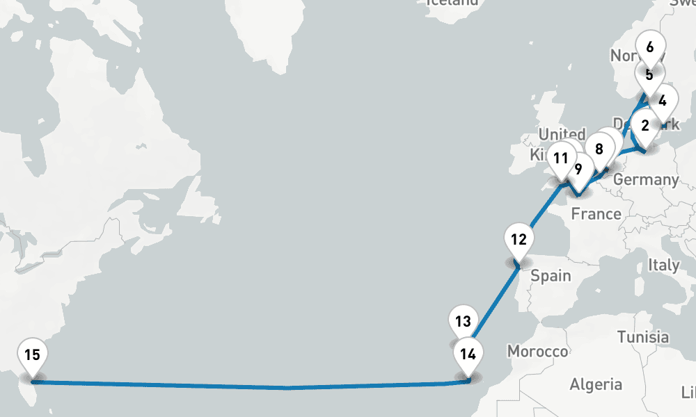 27 days, one-way from Southampton to Port Canaveral 28日間
